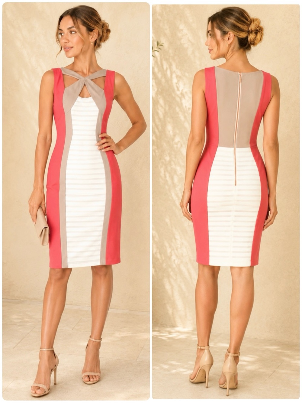 JAX Sheath Dress Sleeveless Color-Block Cut-Out Neck Horizontal Pintucks Stretch